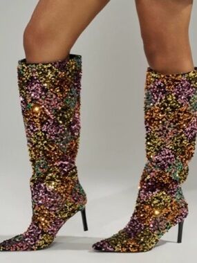 AKIRA Multicolor Sequin Knee-High Stiletto Boots